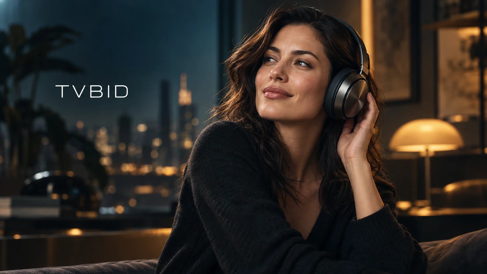 TVBID: a person wearing premium headphones, an AI-generated cinematic advertising preview